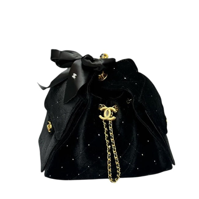 Chanel Velvet Crystal Quilted Shoulder Bag – Black & Gold ✨🖤