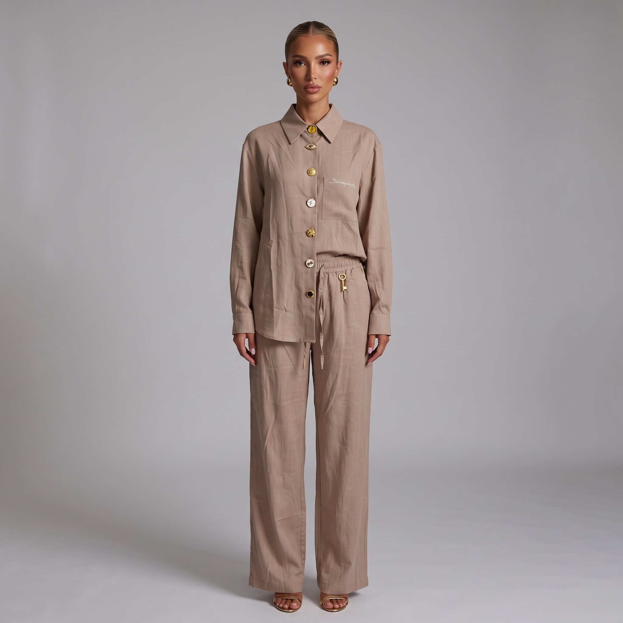 Schiaparelli Linen Shirt & Wide-Leg Pants Set – Beige one size