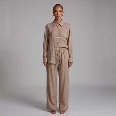 Schiaparelli Linen Shirt & Wide-Leg Pants Set – Beige one size