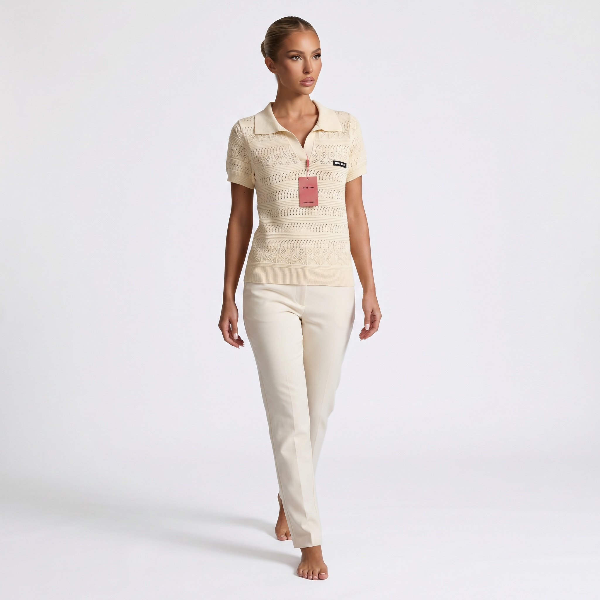 ✨ Miu Miu Pointelle Knit Polo Top – Ivory (one size)