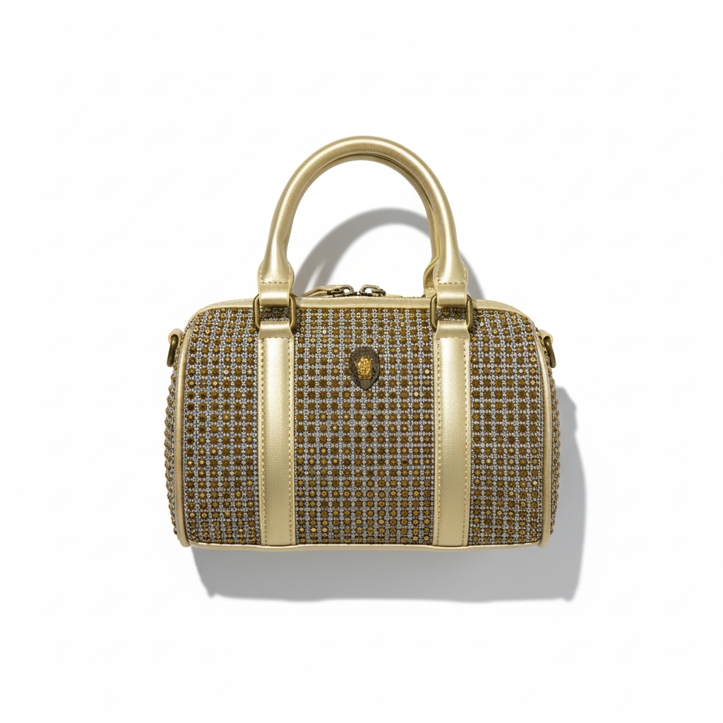 ✨ Kurt Geiger Gold Crystal Embellished Boston Bag – Luxury Top Handle Handbag