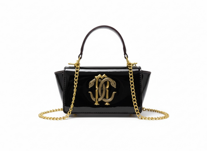 ROBERTO CAVALLI RC Mini Patent Bag – Black Gold 🖤✨ | Glossy Luxury Icon
