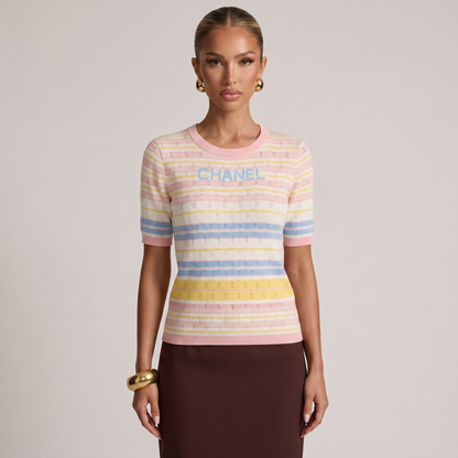 🌸 Chanel Pastel Stripe Ribbed Knit Top