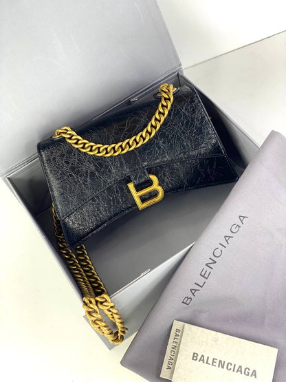 Balenciaga Hourglass Chain Bag in Black Crinkled Leather