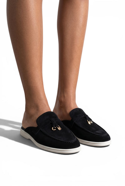 LORO PIANA Style Black Suede Slip-On Loafers 🖤✨ | Gold Detail Edition