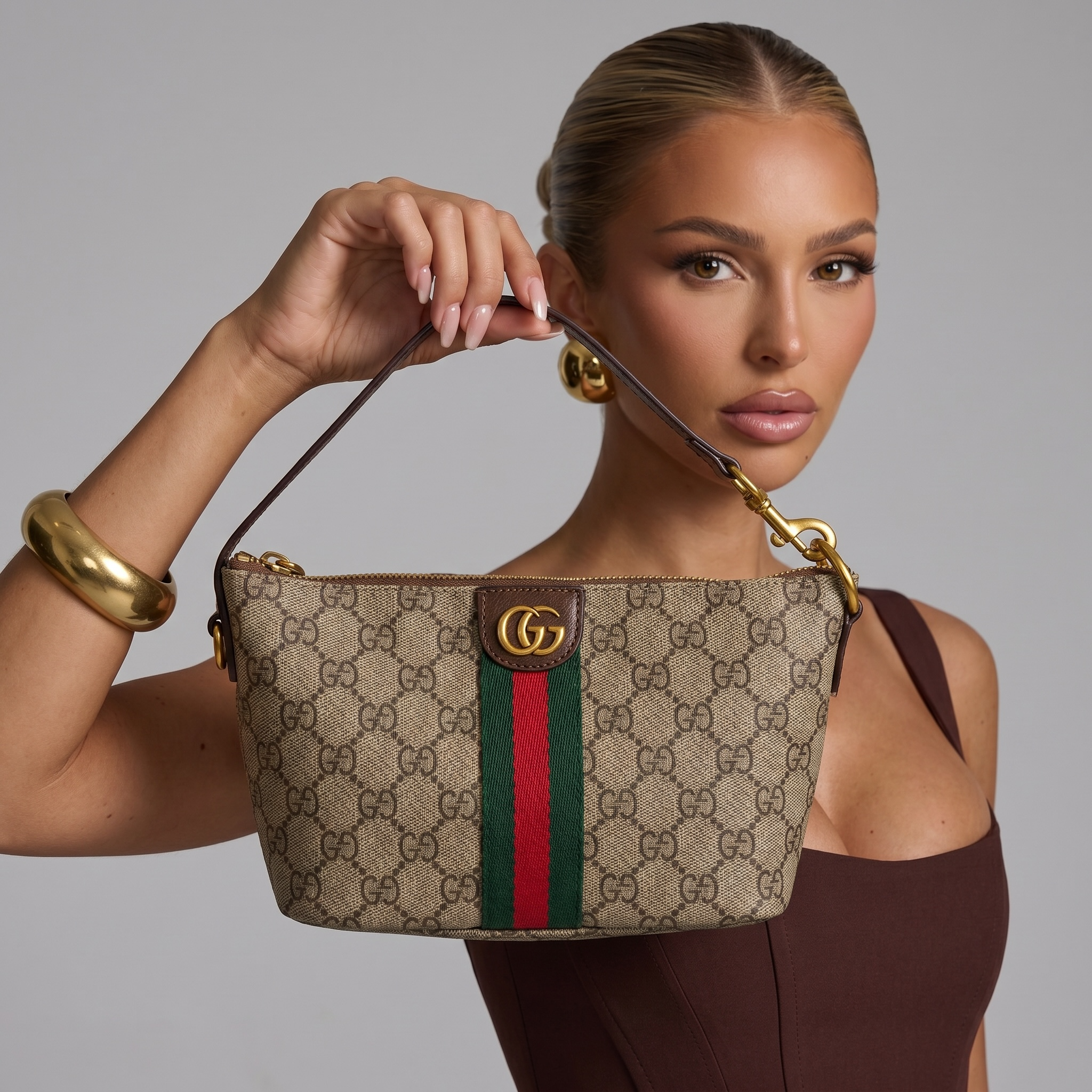 Gucci Beige GG Supreme Web Stripe Shoulder Bag 🤎💚❤️✨👜🔥