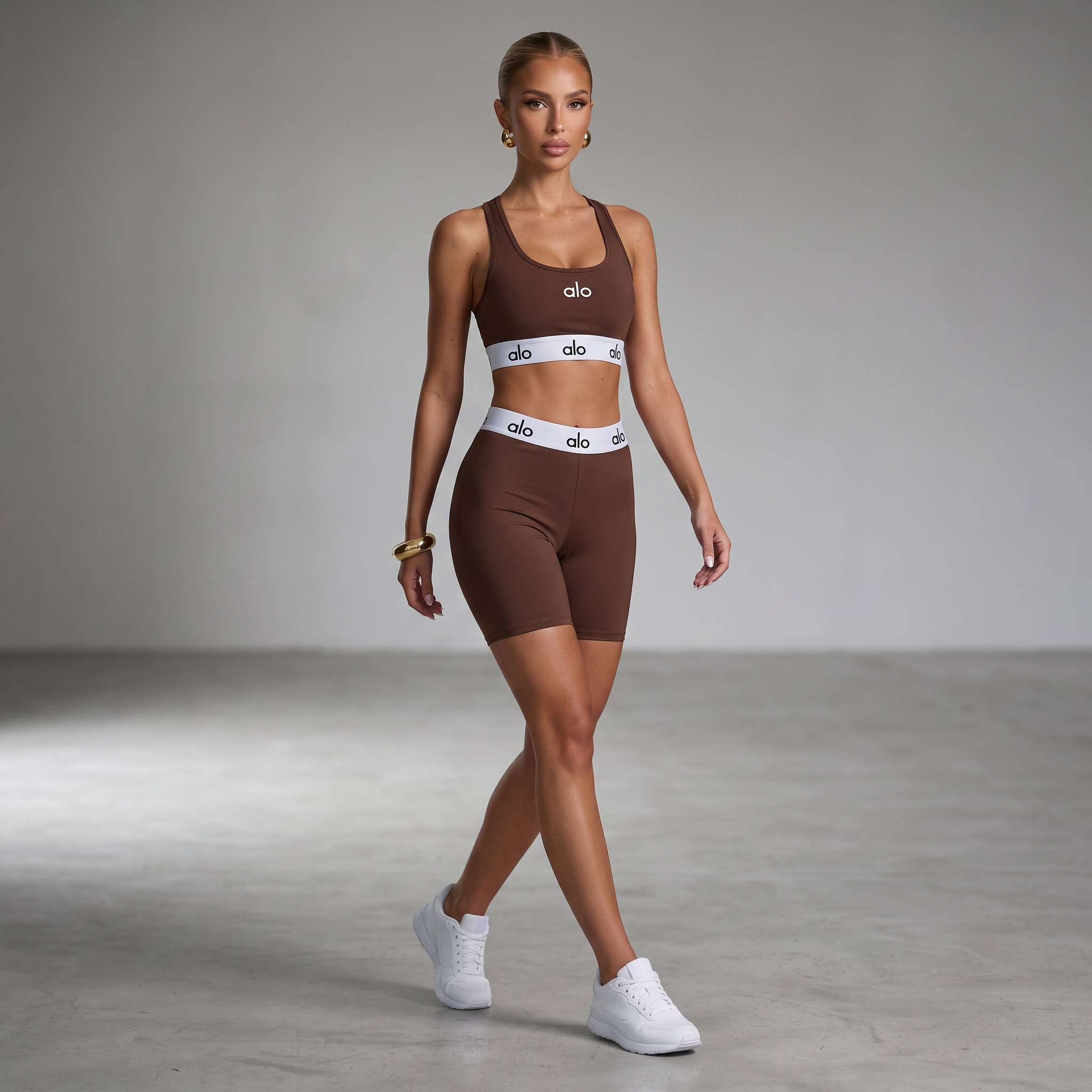 Alo Yoga Logo Sports Bra & Biker Shorts Set – Chocolate Brown ✨