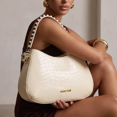 Roberto Cavalli Croc-Embossed Leather Hobo Shoulder Bag – Ivory