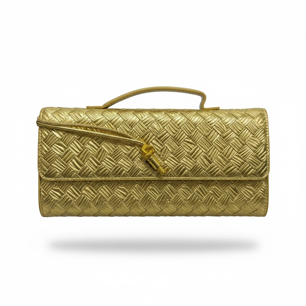 ✨ Bottega Veneta Gold Intrecciato Knot Clutch – Luxury Evening Handbag ✨