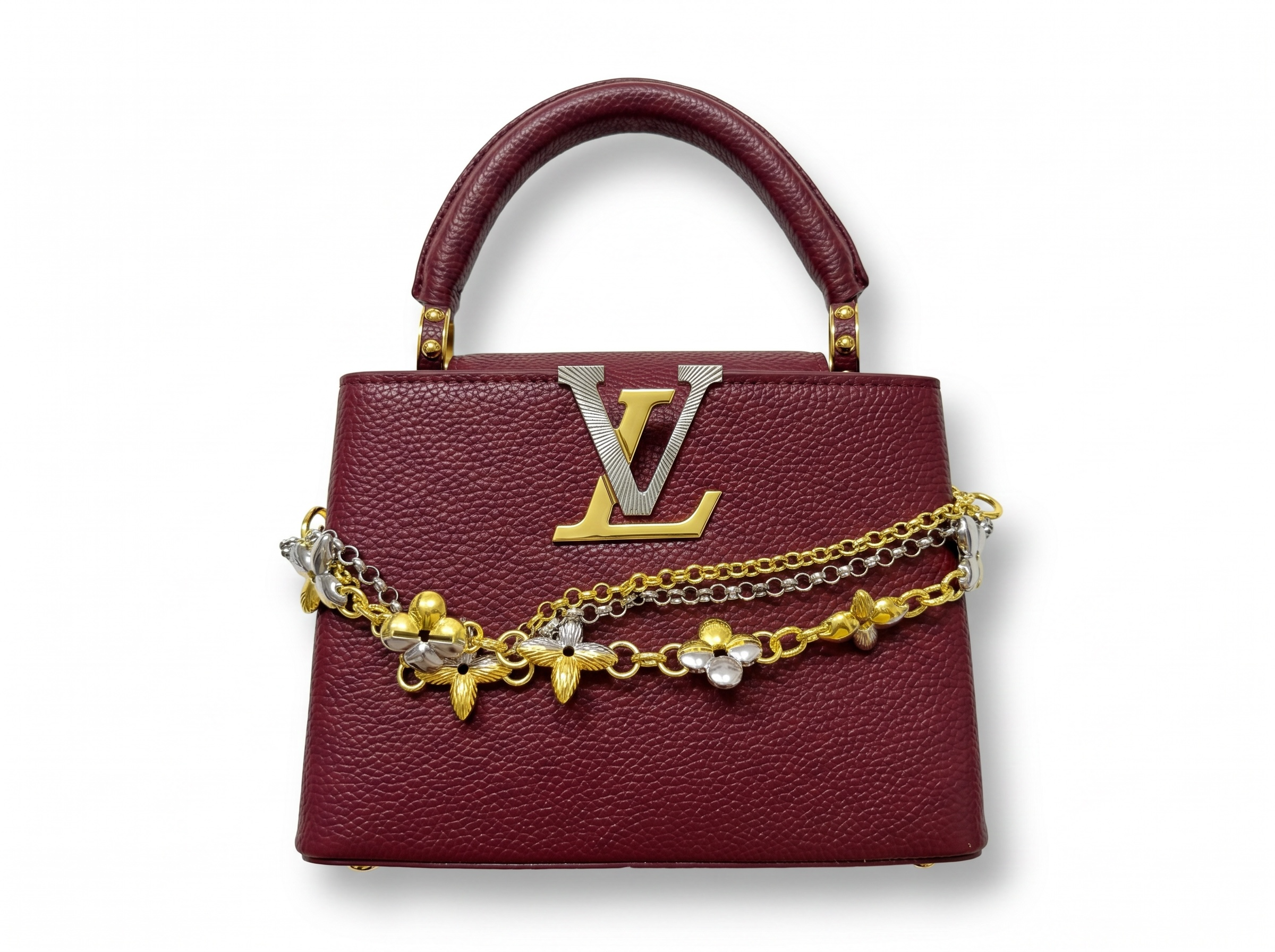 ✨ Louis Vuitton Capucines Mini Burgundy Leather Bag with Floral Chain Charm ❤️🌺
