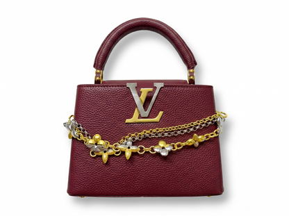 ✨ Louis Vuitton Capucines Mini Burgundy Leather Bag with Floral Chain Charm ❤️🌺