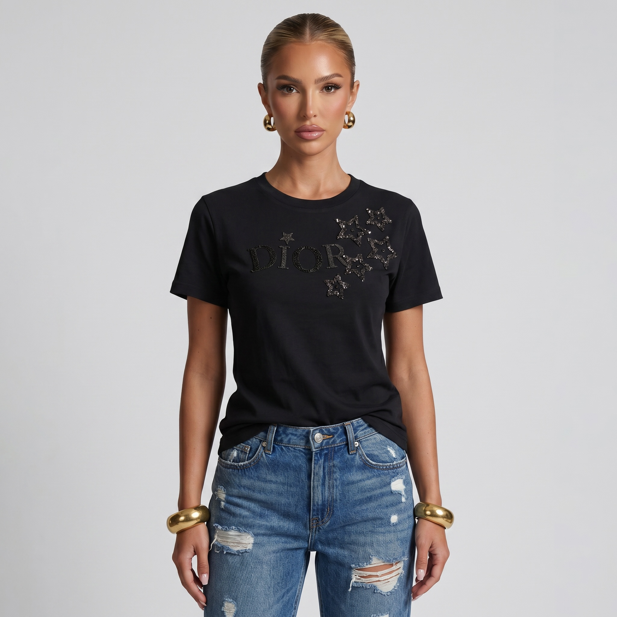 🖤 Dior Crystal Star Logo Cotton T-Shirt
