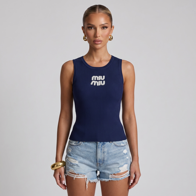 💙 Miu Miu Crystal Logo Ribbed Tank Top ✨one size