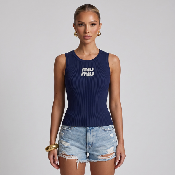 💙 Miu Miu Crystal Logo Ribbed Tank Top ✨one size