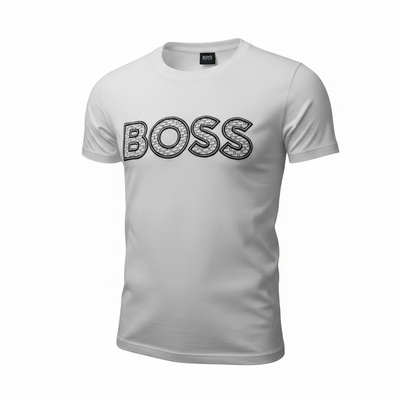 HUGO BOSS White Textured Logo T-Shirt 🤍🖤 Premium Statement Edition