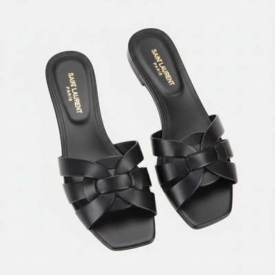 SAINT LAURENT Interlaced Leather Slides 🖤✨ | Minimal Luxury Essential