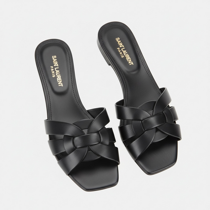 SAINT LAURENT Interlaced Leather Slides 🖤✨ | Minimal Luxury Essential
