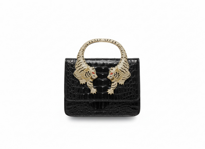 👜 Roberto Cavalli Black Crocodile-Effect Top Handle Bag with Tiger Head Handle