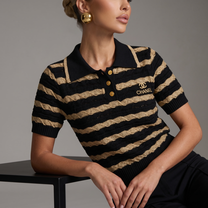 ✨ Chanel Black & Gold Striped Knit Polo Top