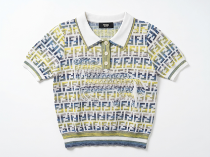 💚 Fendi FF Monogram Knit Polo Top – Sage Green Edition