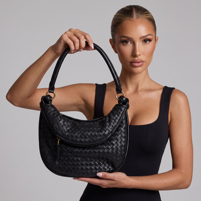Bottega Veneta Woven Intreccio Shoulder Bag – Black Luxury Leather