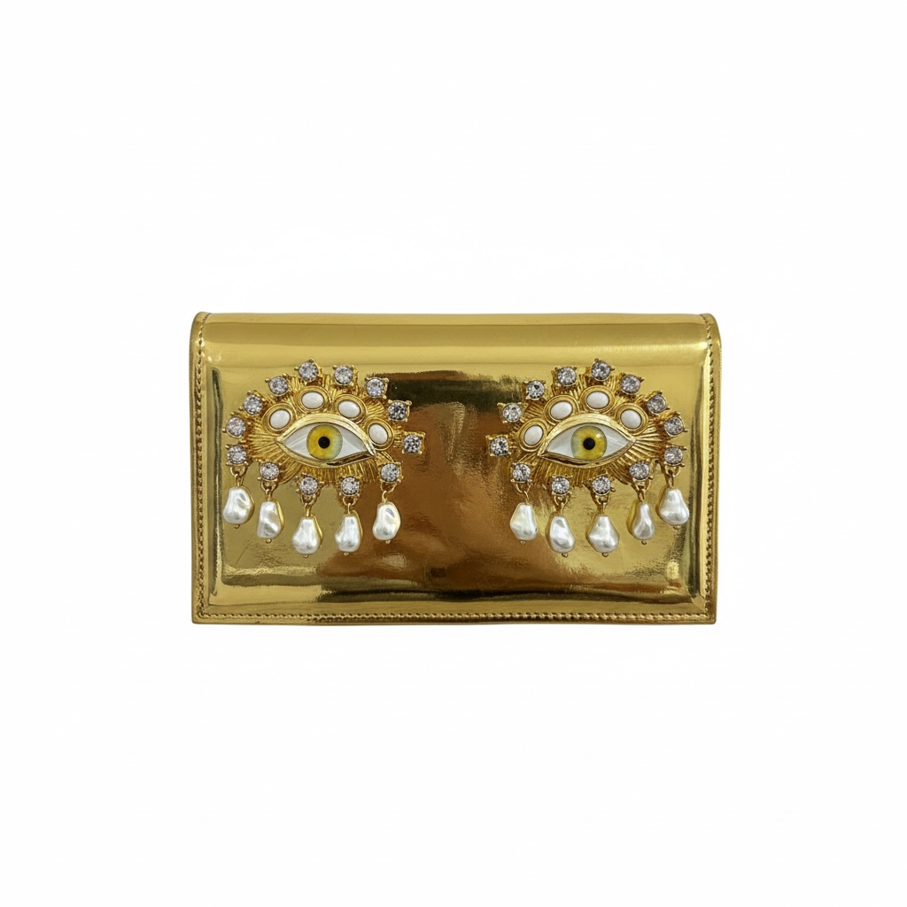 Schiaparelli Eye Embellished Gold Clutch – Full Metallic Couture 👁✨