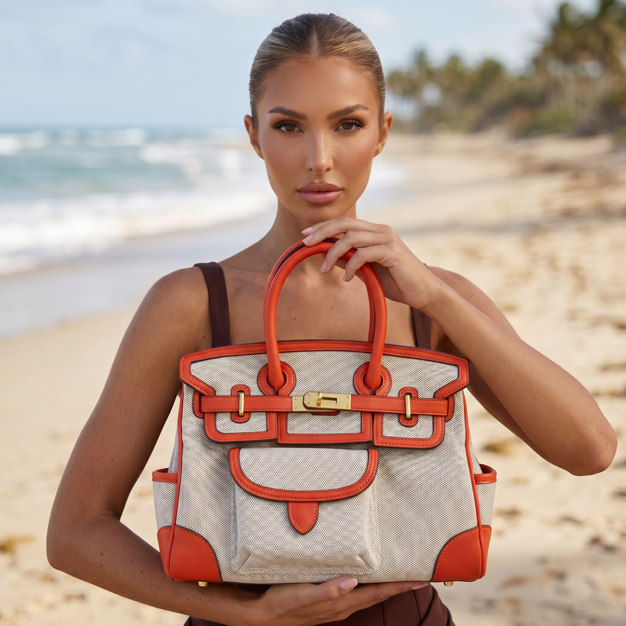 🧡 Hermès-Inspired Canvas Tote Bag – Orange Trim Luxury Statement Handbag