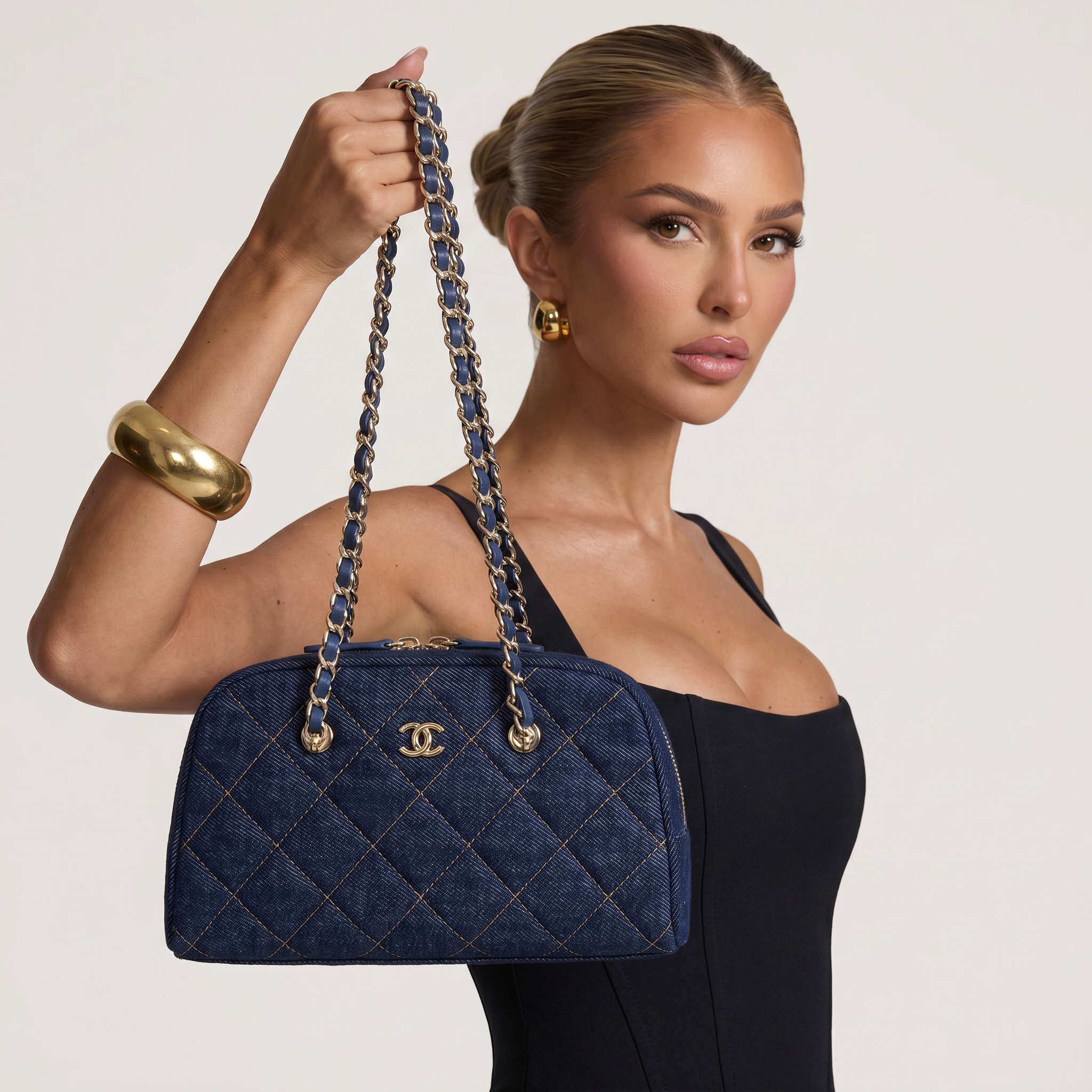 Chanel Navy Blue Quilted Denim Chain Bowling Bag 💙✨