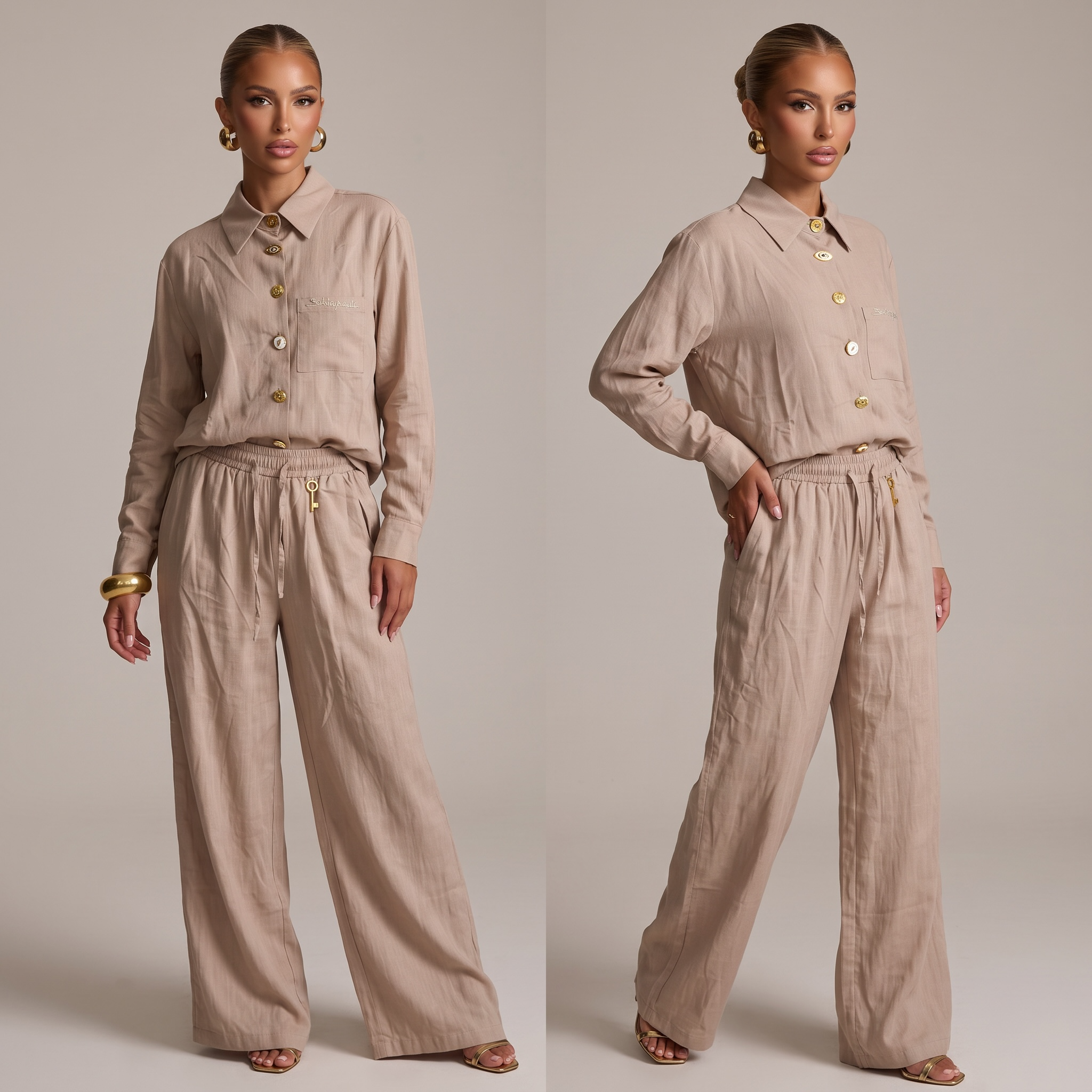 Schiaparelli Linen Shirt & Wide-Leg Pants Set – Beige one size