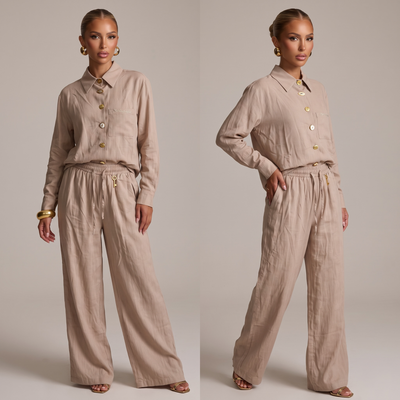 Schiaparelli Linen Shirt & Wide-Leg Pants Set – Beige one size