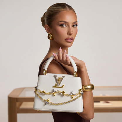 ✨ Louis Vuitton Capucines Mini White Leather Bag with Floral Chain Charm 🤍🌸