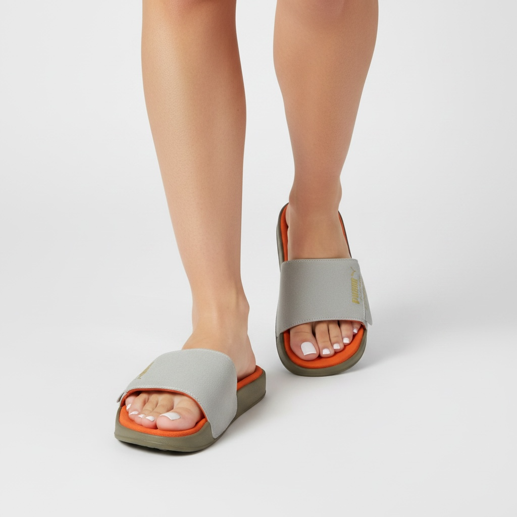 🧡 Puma Palermo Comfort Slides – Grey & Orange Summer Edition