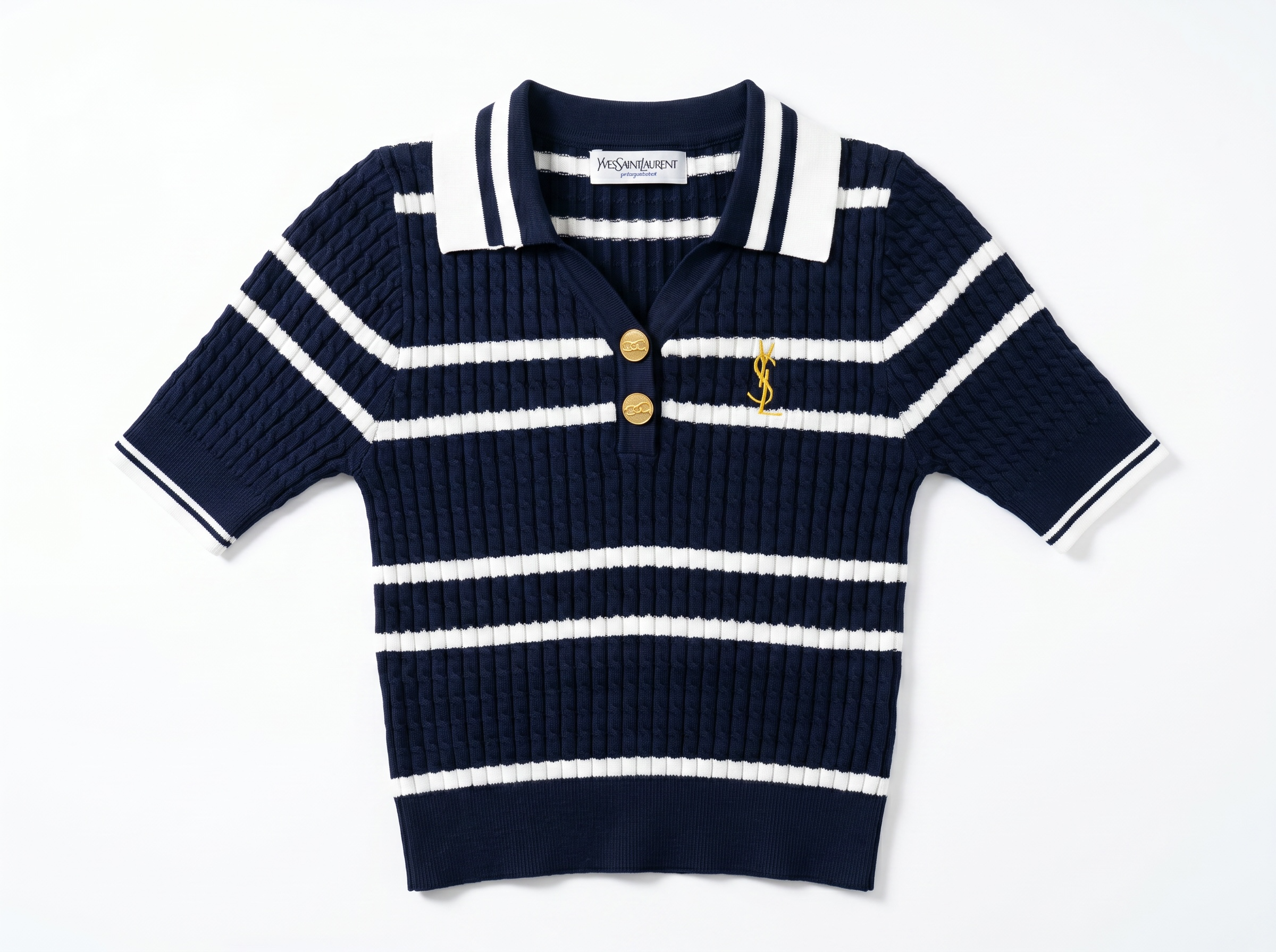💙 Saint Laurent Navy Nautical Cable Knit Polo Top