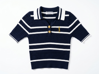 💙 Saint Laurent Navy Nautical Cable Knit Polo Top