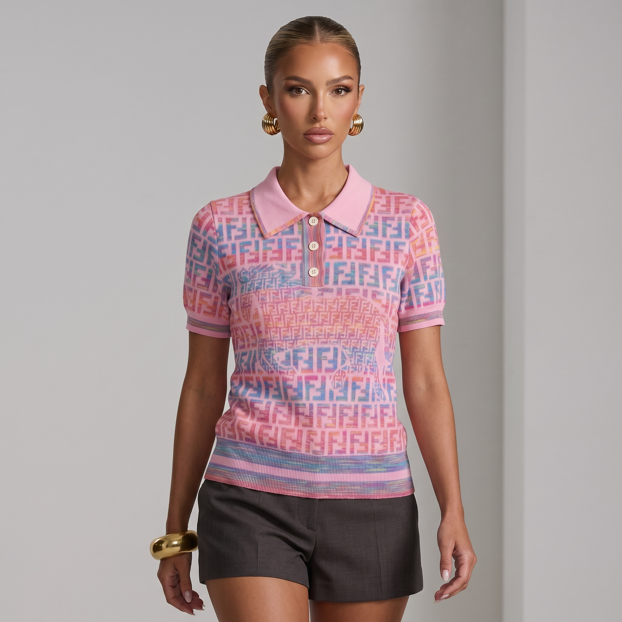 💖 Fendi Pastel FF Monogram Knit Polo Top