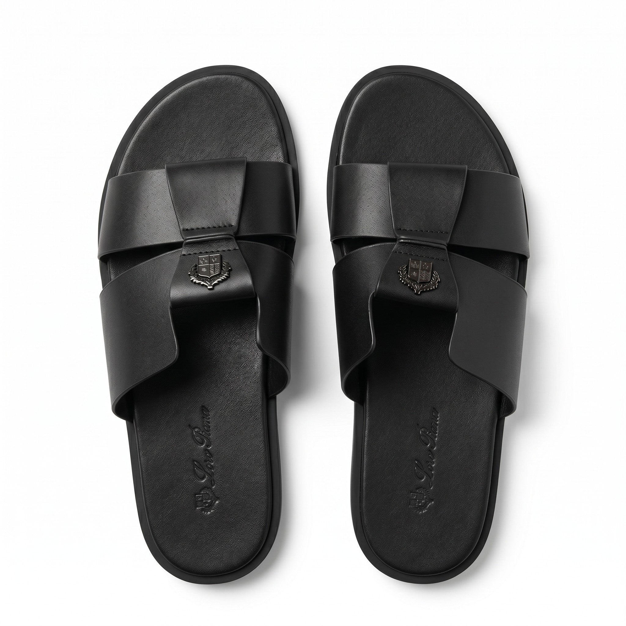 Loro Piana Heritage Crest Leather Slides – Black
