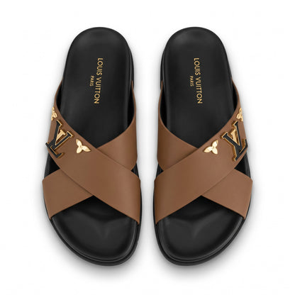 Louis Vuitton Monogram Cross-Strap Slides – Camel Brown
