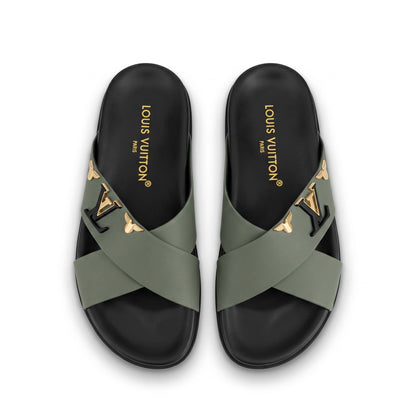 Louis Vuitton Monogram Cross-Strap Slides – Olive Green