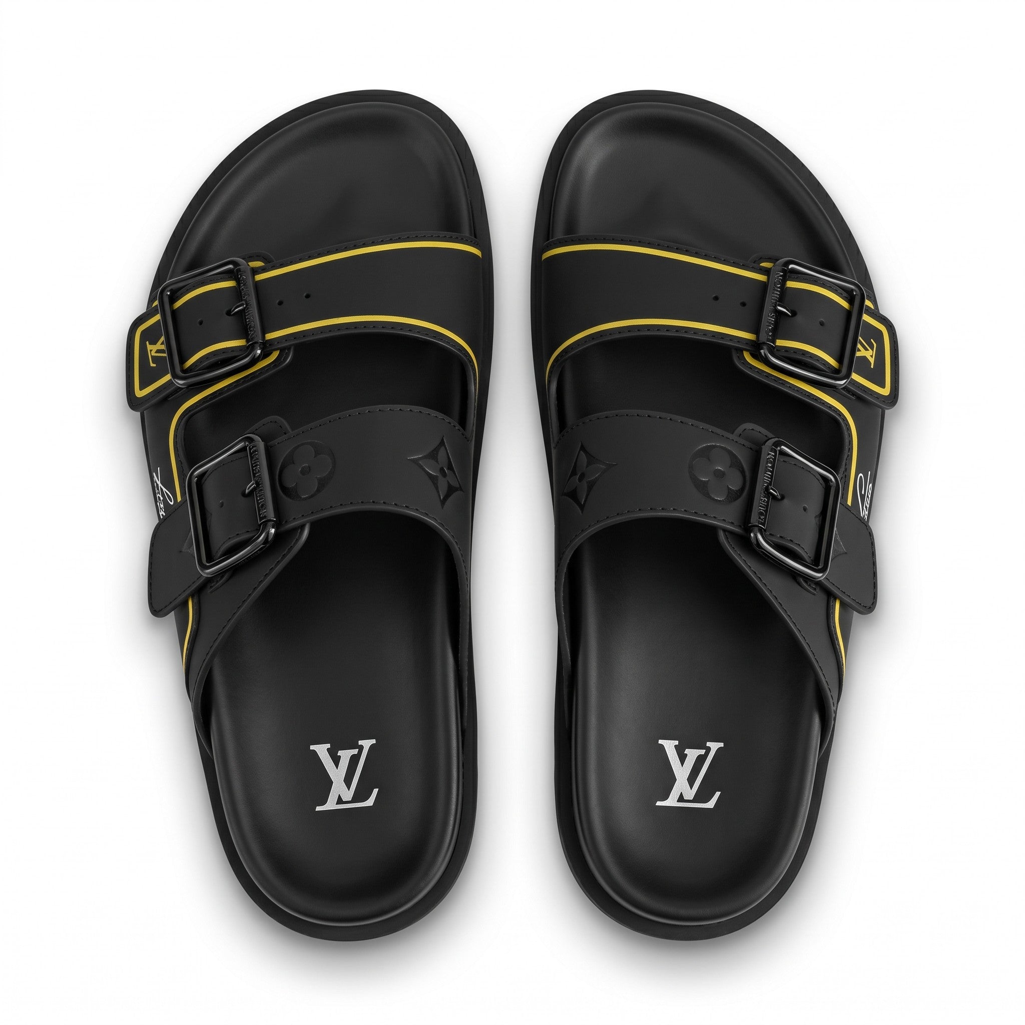 Louis Vuitton Black & Gold Double Buckle Luxury Slides