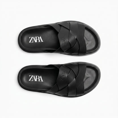 Zara Black Woven Leather Slide Sandals