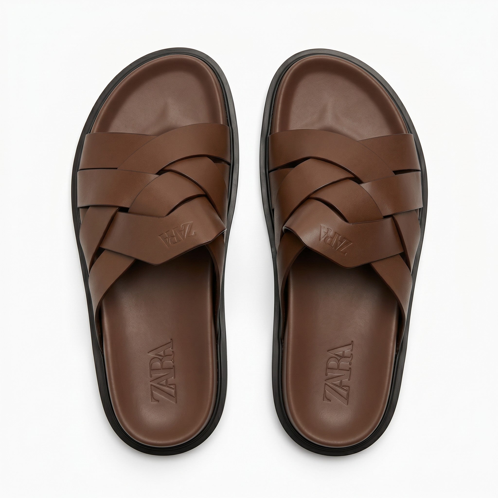 ZARA Woven Leather Cross Strap Slides – Brown