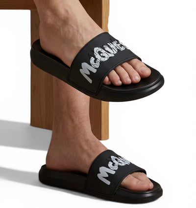 ALEXANDER MCQUEEN Luxury Black Slide Sandals – Bold Logo Statement & Premium Comfort 👟✨