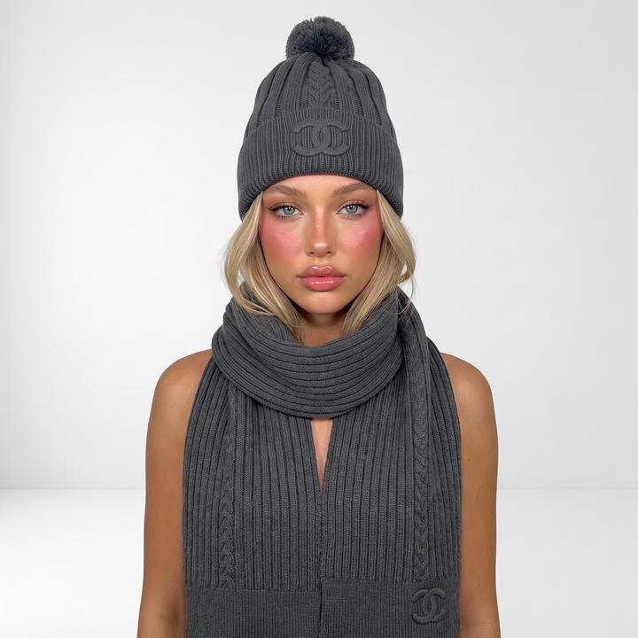Chanel Knit Beanie & Scarf Set — Grey