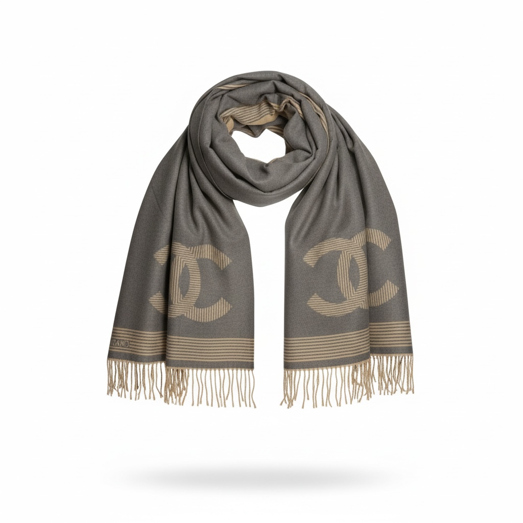 Chanel CC Logo Wool Scarf – Grey & Beige Luxury Fringe Scarf 🧣✨