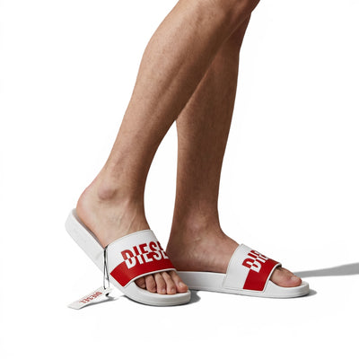 🔴⚪ Diesel Slides – White & Red Logo Edition 🔥🩴