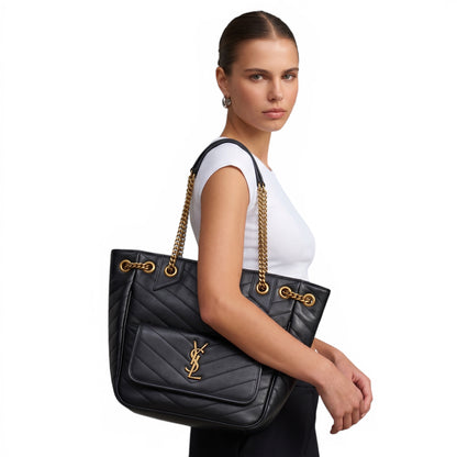 🖤 Saint Laurent Black Quilted Leather Tote – YSL Chain Shoulder Bag ✨