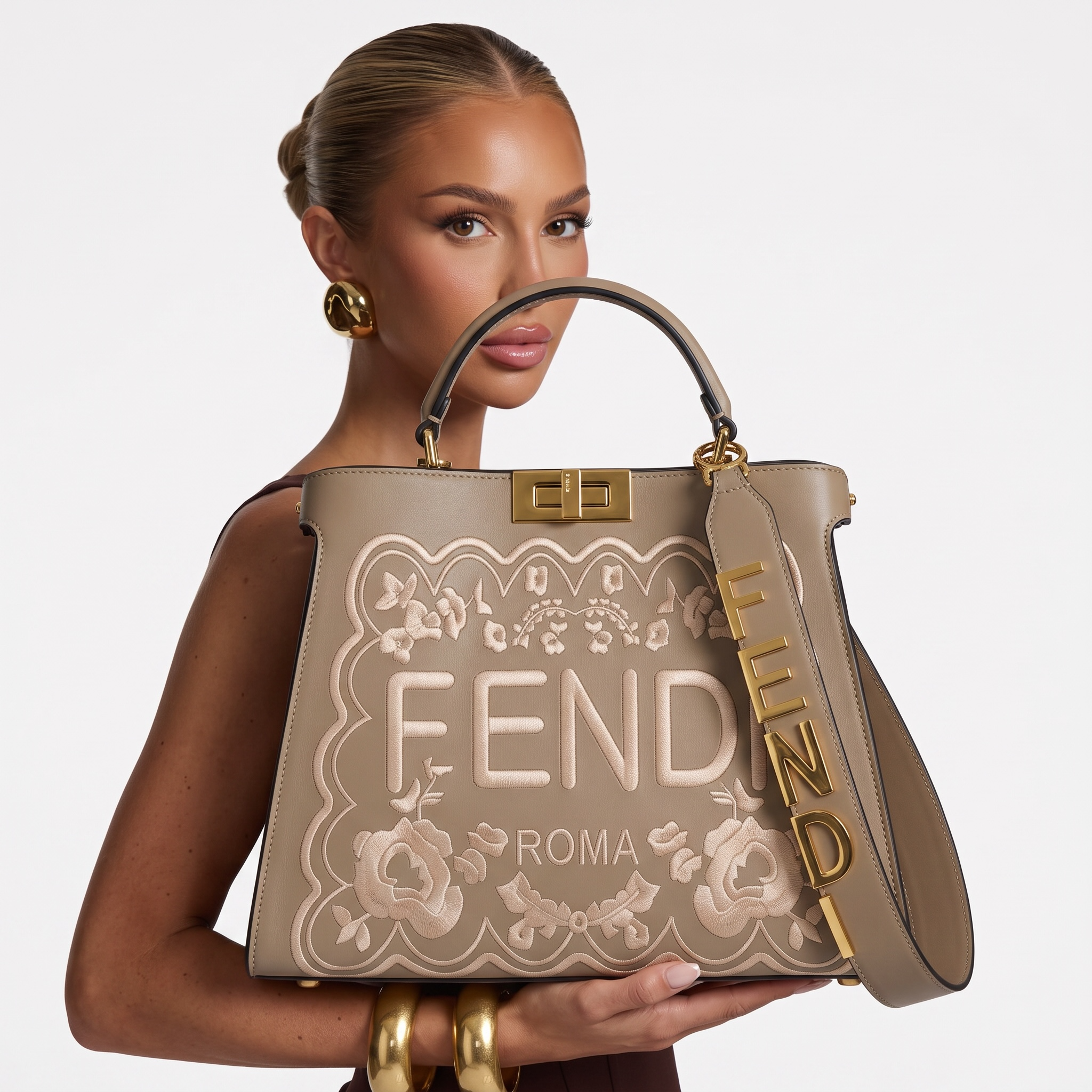 Fendi Roma Beige Embossed Handbag 🤎✨ | Elegant Designer Bag