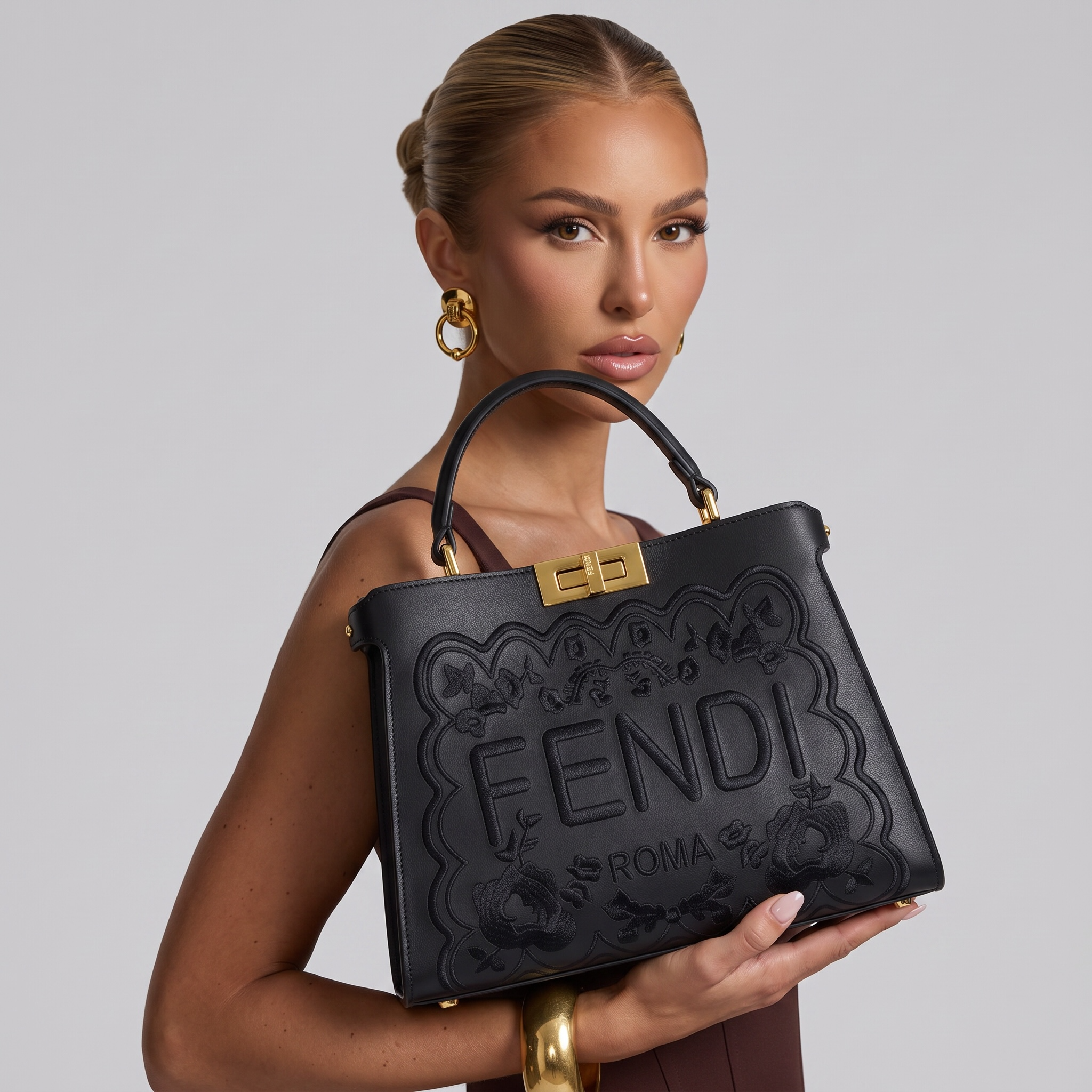 Fendi Roma Black Embossed Handbag 🖤✨ | Luxury Statement Bag