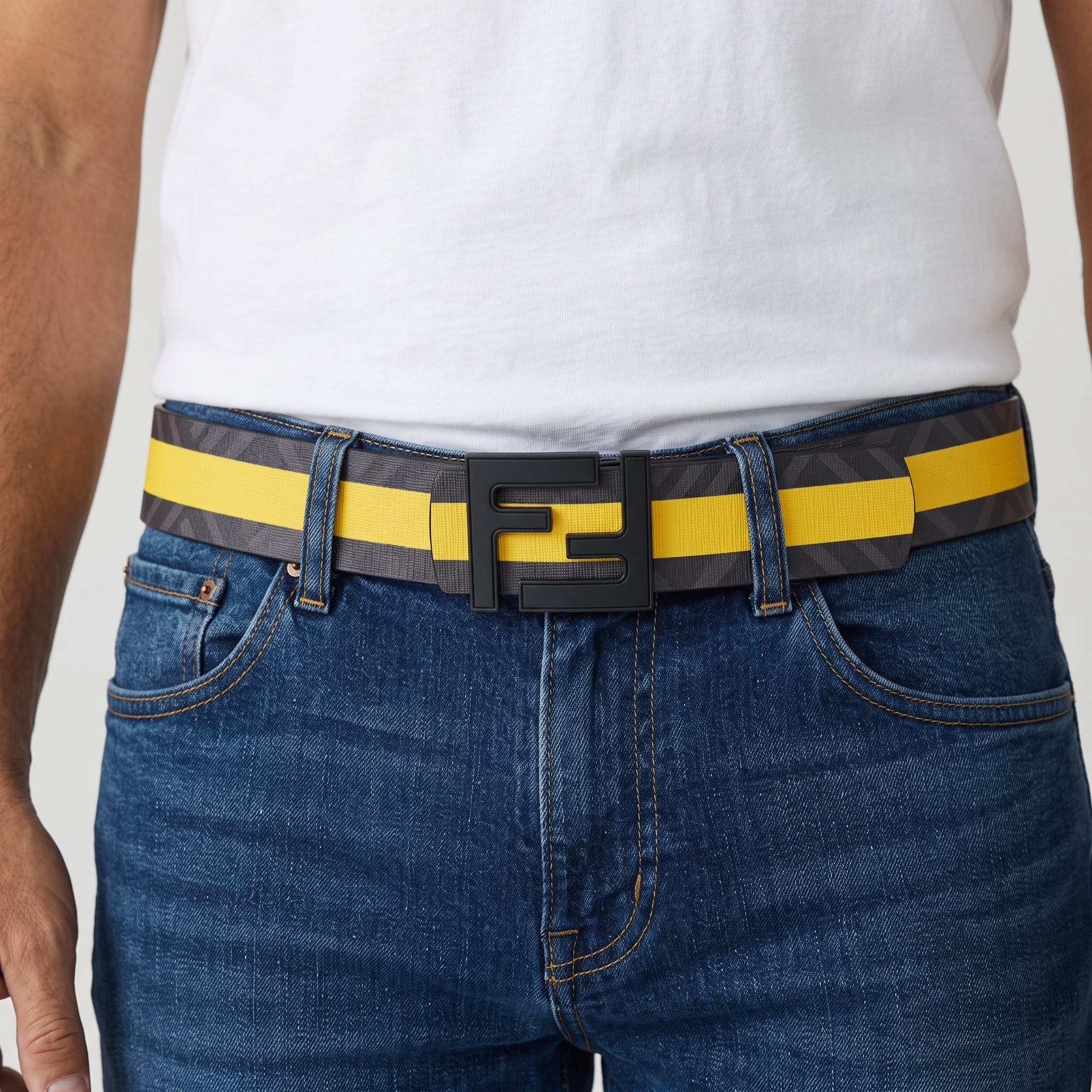 🖤💛 Fendi FF Logo Belt – Yellow Stripe Statement Design | 110 cm