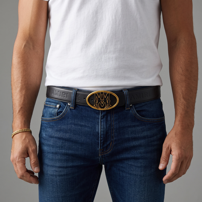 🖤✨ AMIRI Signature Logo Leather Belt – Gold Buckle | 115CM Luxury Statement